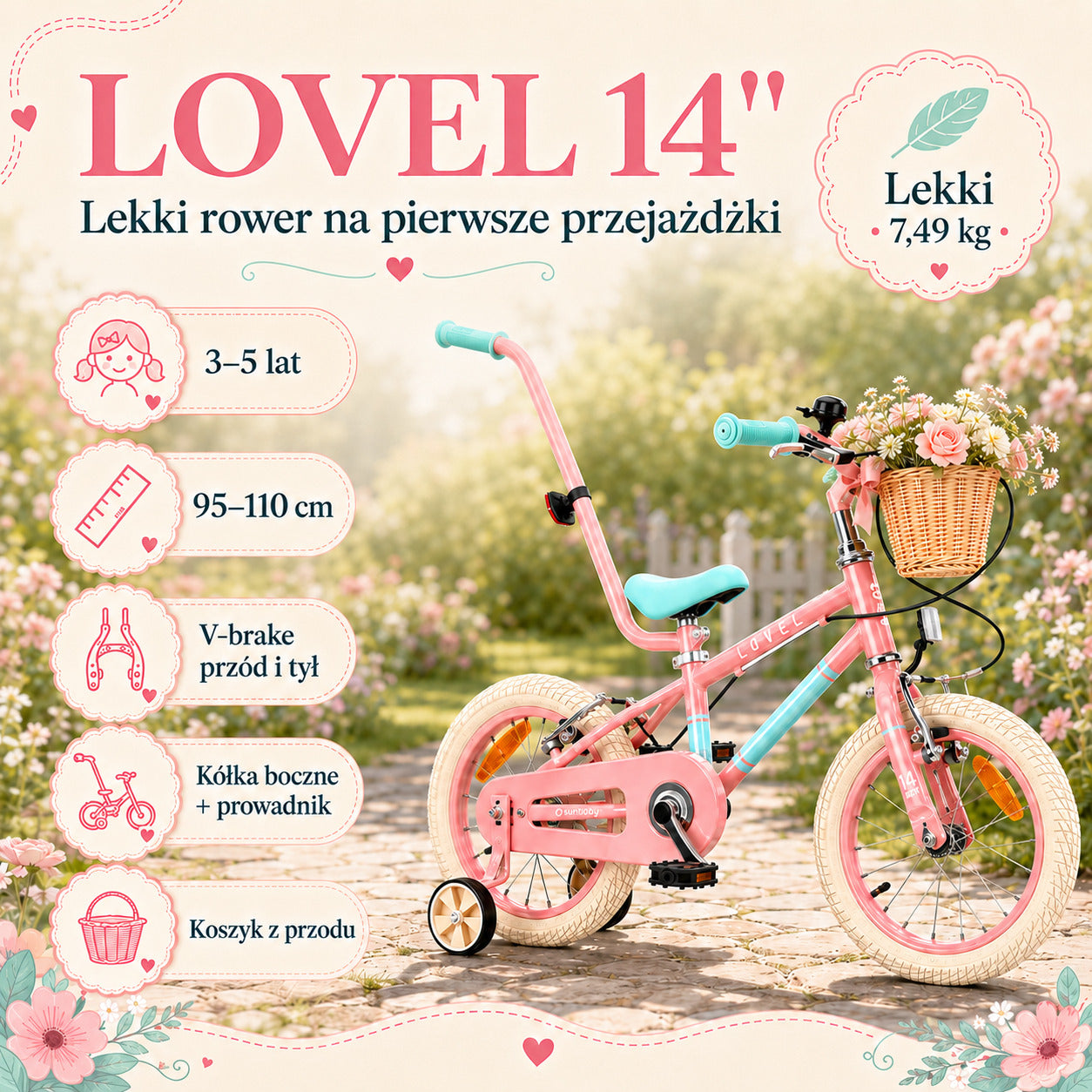 Rower dziecięcy 14 cali dla dziewczynki 3 4 5 lat, waga 7,57 kg Prowadnik Kółka boczne Koszyk Dzwonek V-brake 7,49 kg LOVEL różowy miętowy