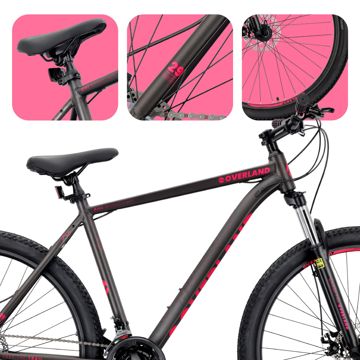 Rower górski MTB 29 cali KENDA Shimano Aluminium Lekki 21 biegów Amortyzator Hamulce tarczowe Rama L 21 cali Tatra Bikes Overland czarny fuksja matowy II gatunek