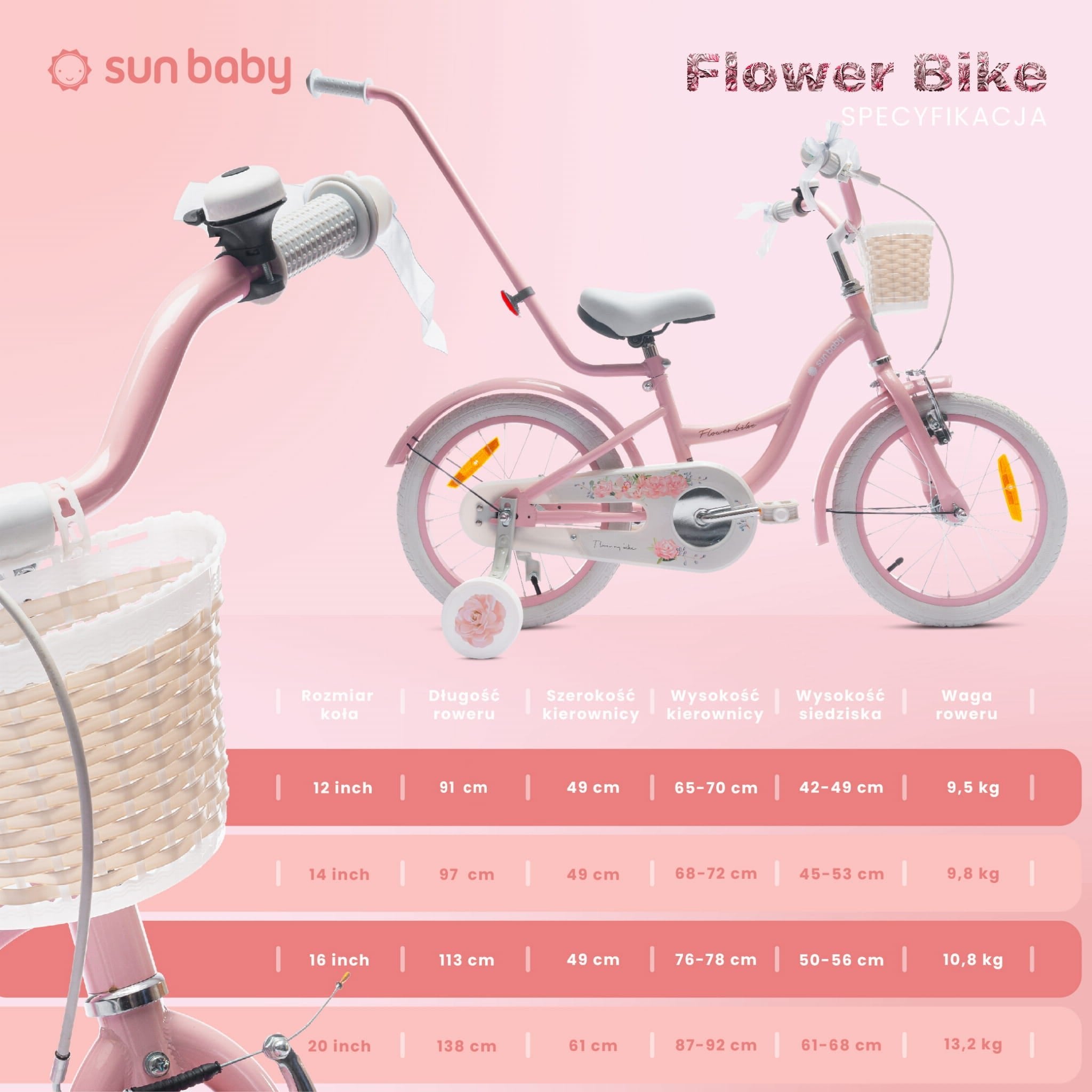 kinderfahrrad 16 zoll unter 8 kg 16-Zoll-Mädchenfahrrad Pusher mit Seitenrädern, Flower Bike, rosa, II- – SunBaby