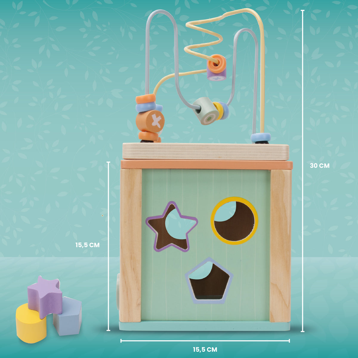 Sun Baby drewniana kostka edukacyjna Montessori 12m+ sorter, pętla motoryczna, zębatki, labirynt 15,5x15,5x30 cm