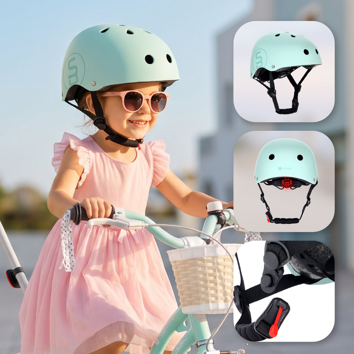 Sun Baby kask rowerowy dziecięcy Perfect Fit S 50-54 cm, LED 3 tryby, zapięcie magnetyczne, osłona podbródka, miętowy II gatunek