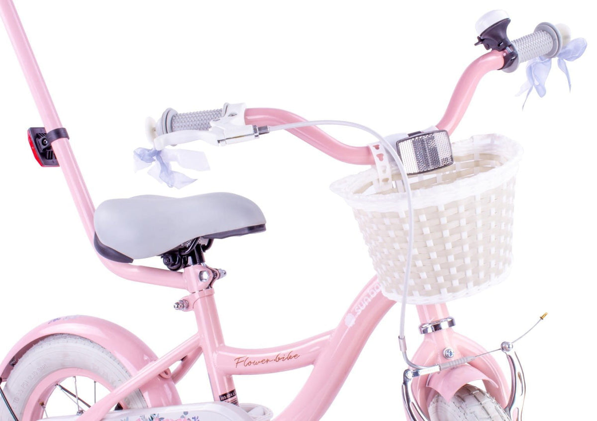 Rower dziecięcy Rower dla dziewczynki 12 cali Koszyk Prowadnik Kółka boczne Flower Bike różowy II gatunek