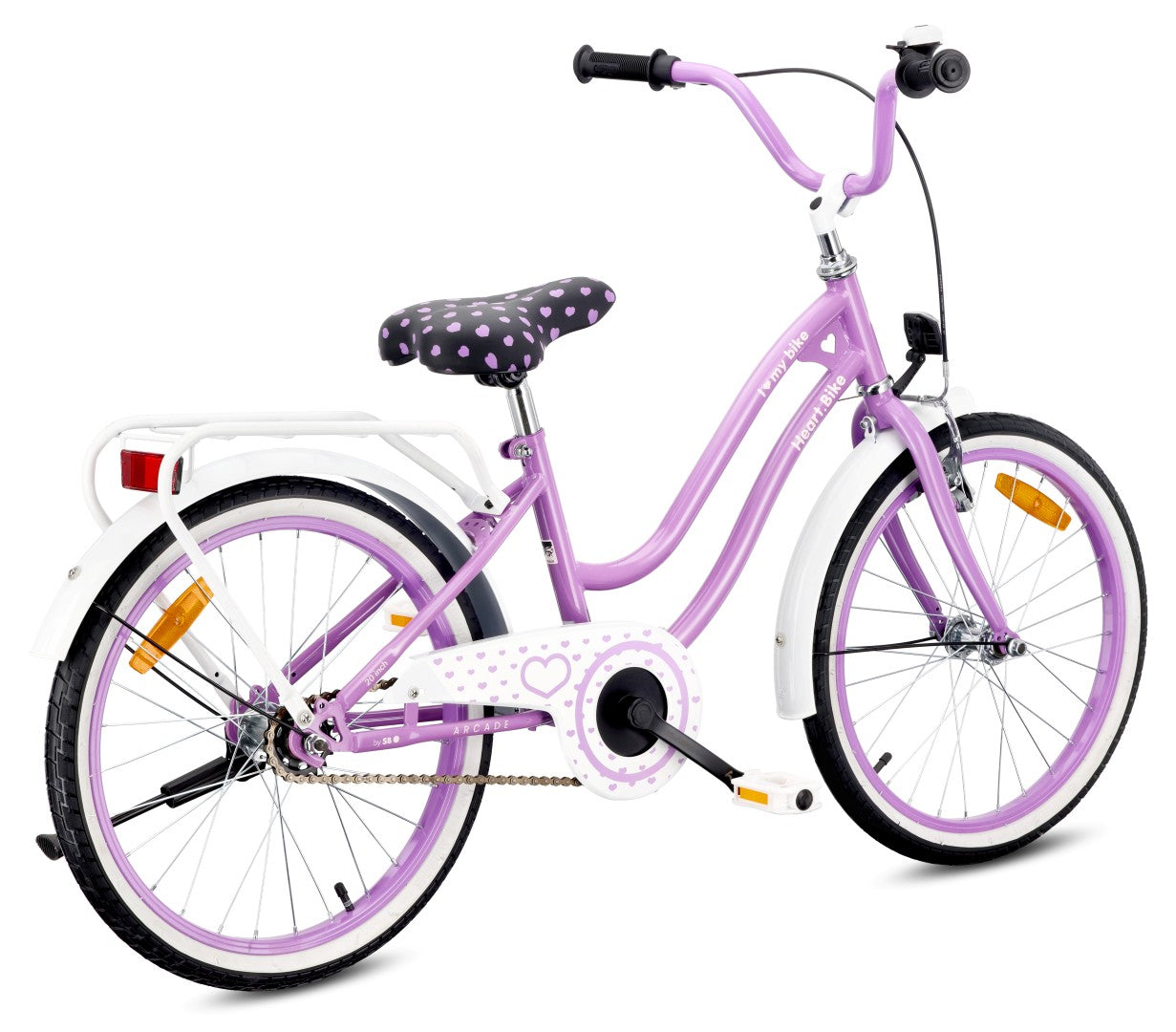 Rower 20 cali dziecięcy dla dziewczynki 5 6 7 8 lat Bagażnik Stopka Dzwonek Heart Bike fioletowy II gatunek