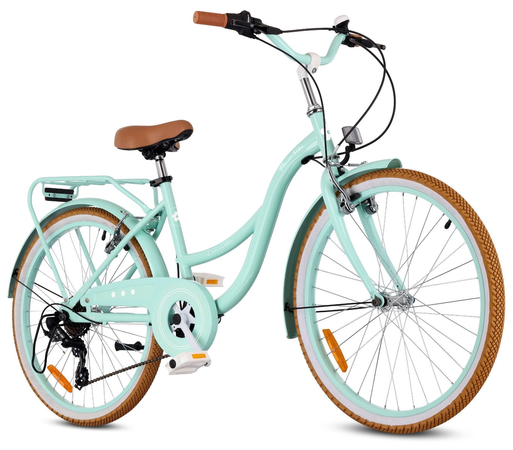 Rower 24 cale dla dziewczynki miejski na komunię Bagażnik Stopka Shimano 7 biegów Flower Retro bike miętowy