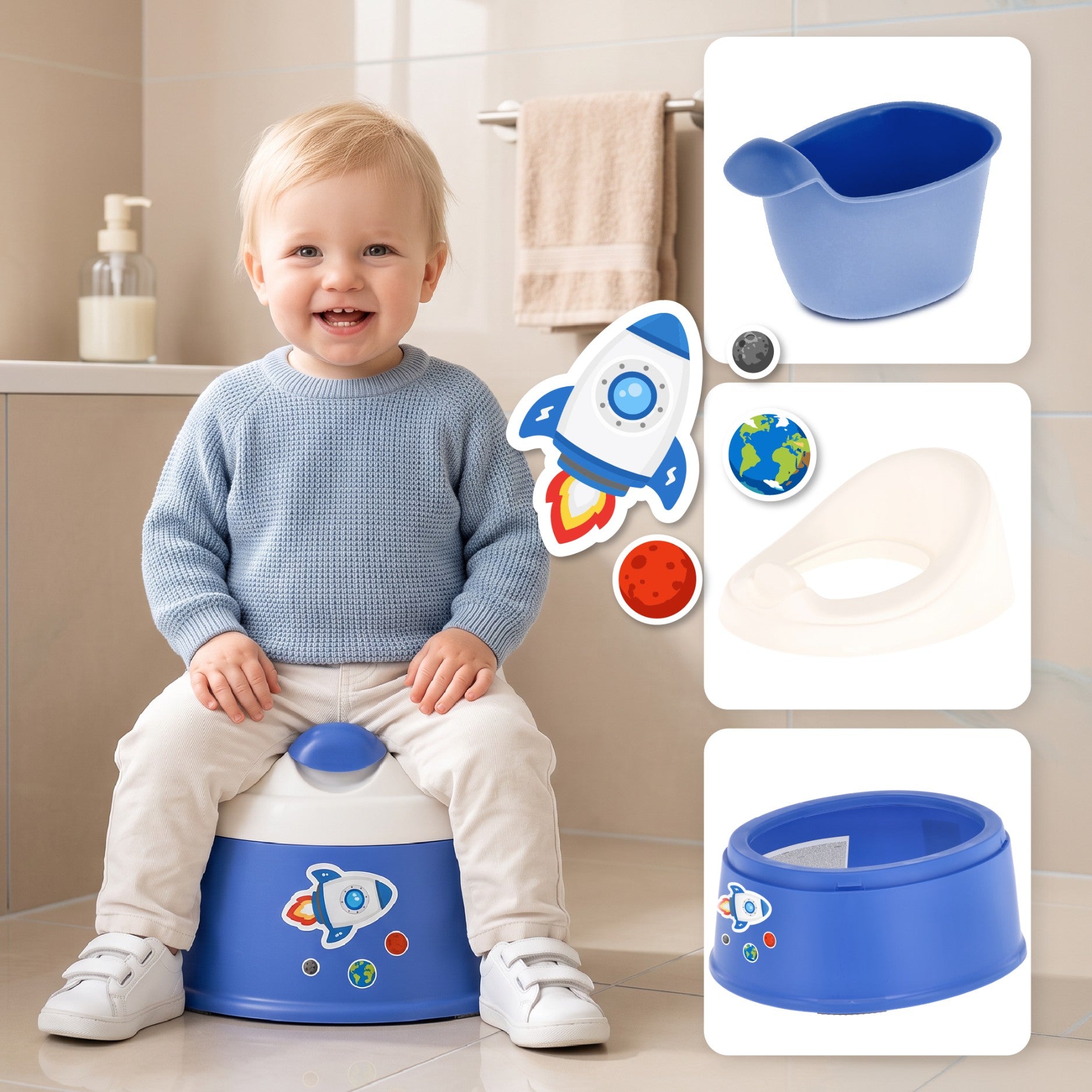 Sun Baby NESTPOT nocnik dla dzieci, antypoślizgowy, z wyjmowanym wkładem, lekki i wysoki, wygodne oparcie, 37 cm, do 15 kg, niebiesko-biały