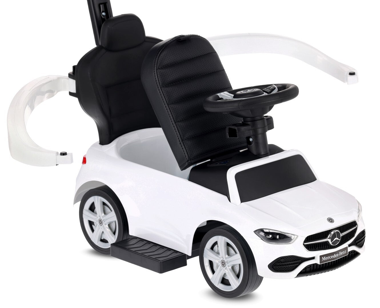 Sun Baby jeździk Mercedes C-Class z popychaczem, barierką i podnóżkami, koła PU, siedzisko ze skóry PU, biały