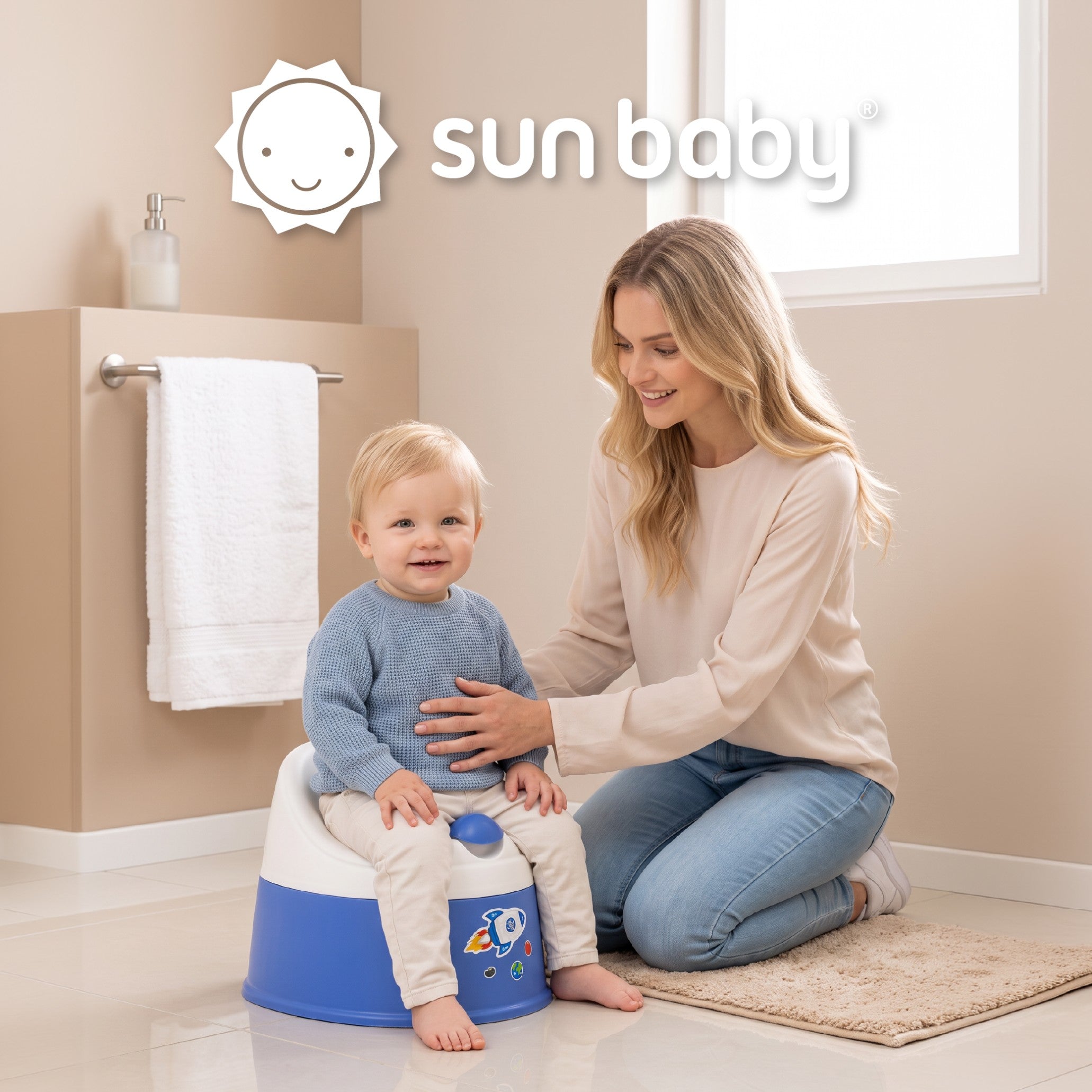 Sun Baby NESTPOT nocnik dla dzieci, antypoślizgowy, z wyjmowanym wkładem, lekki i wysoki, wygodne oparcie, 37 cm, do 15 kg, niebiesko-biały