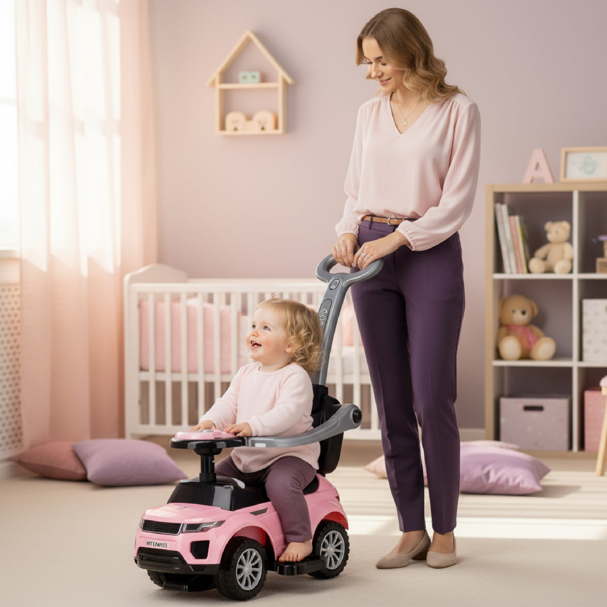 Jeździk dla dziecka z rączką i obejmą Sport car jasny różowy II gatunek