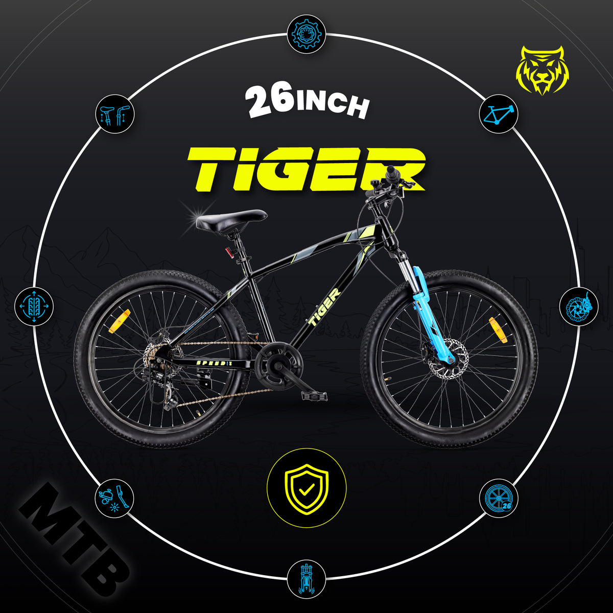 Rower dziecięcy Tiger Bike 26 cali, 7 biegów Shimano, amortyzator, hamulce tarczowe, czarny zielony niebieski II gatunek