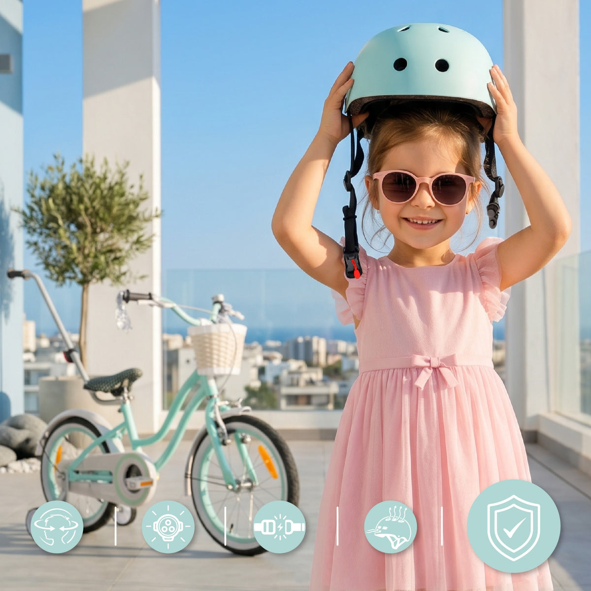 Sun Baby kask rowerowy dziecięcy Perfect Fit S 50-54 cm, LED 3 tryby, zapięcie magnetyczne, osłona podbródka, miętowy II gatunek