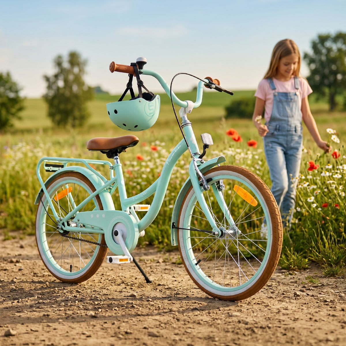 Rower dziecięcy 20 cali dla dziewczynki 6 7 8 lat Bagażnik Stopka Koszyk Flower Retro bike miętowy II gatunek