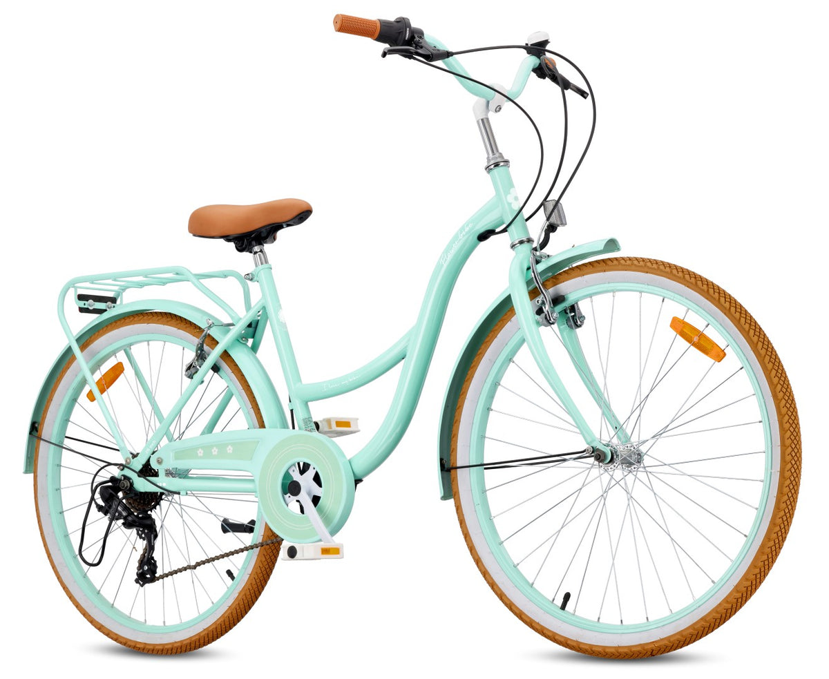 Rower dziecięcy Flower Bike 26 cali, 7 biegów Shimano, hamulce V-brake, Retro miętowy II gatunek