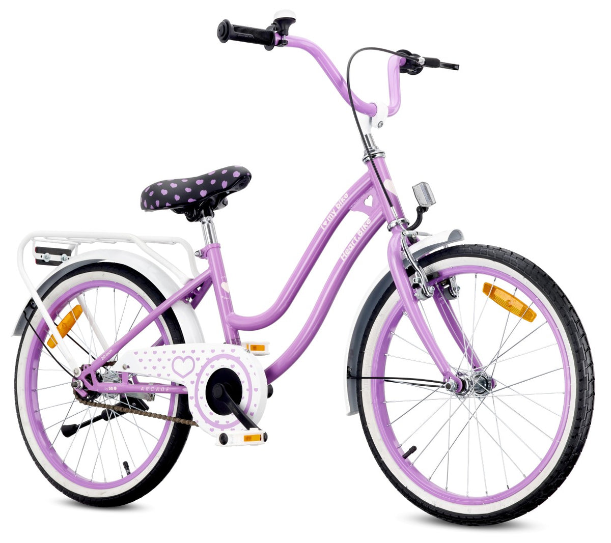 Rower 20 cali dziecięcy dla dziewczynki 5 6 7 8 lat Bagażnik Stopka Dzwonek Heart Bike fioletowy II gatunek
