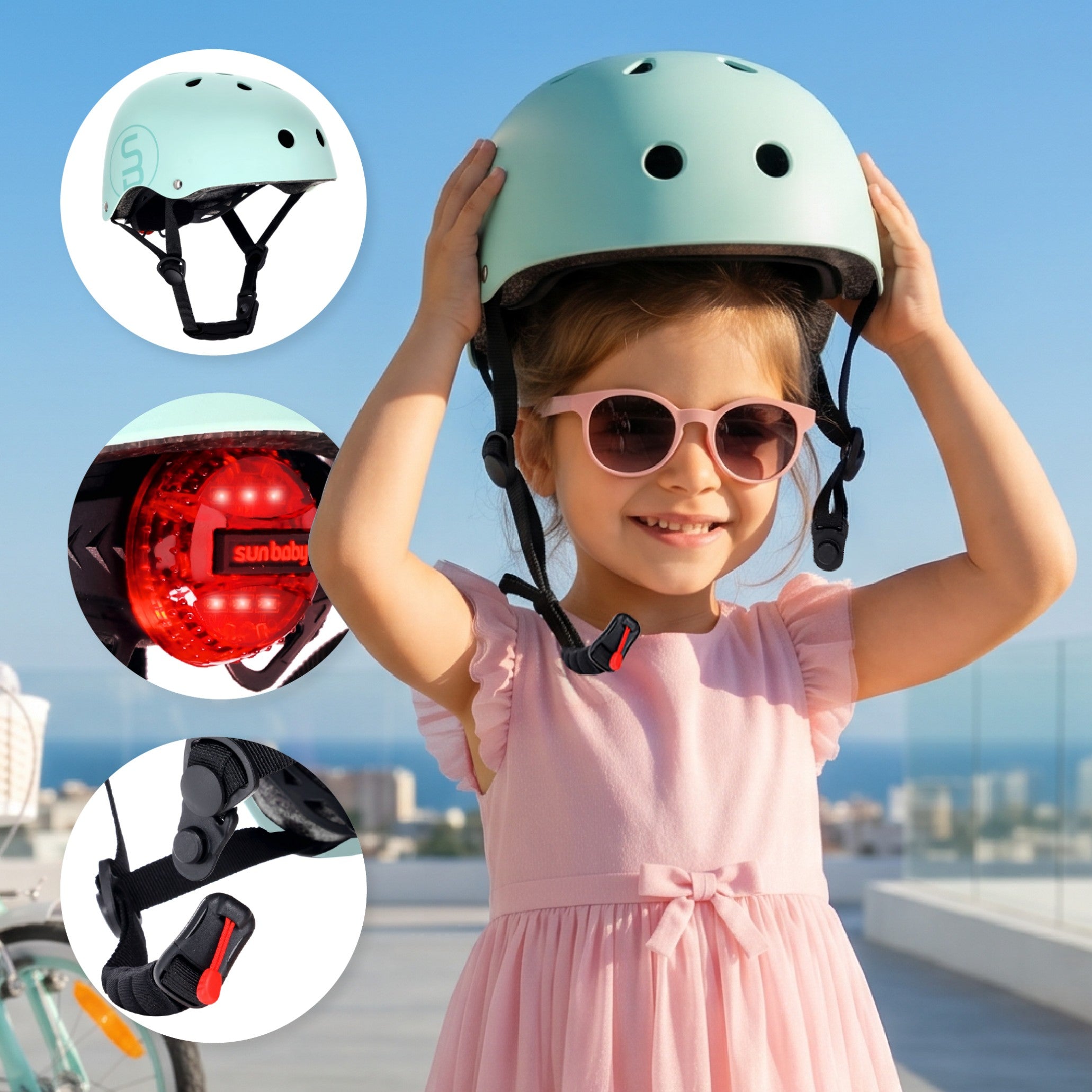 Sun Baby kask rowerowy dziecięcy Perfect Fit S 50-54 cm, LED 3 tryby, zapięcie magnetyczne, osłona podbródka, miętowy II gatunek