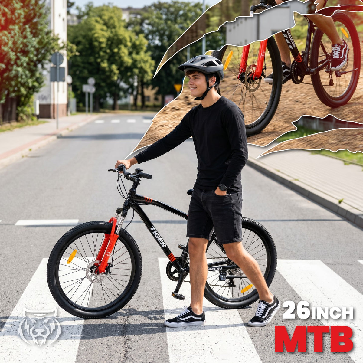 Rower górski MTB 26 cali Tiger Bike Shimano 7 biegów Amortyzator Szerokie opony Hamulce tarczowe Rower terenowy czarny-czerwony II gatunek