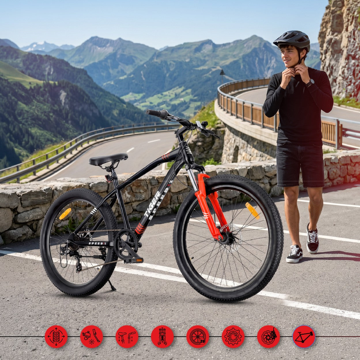Rower górski MTB 26 cali Tiger Bike Shimano 7 biegów Amortyzator Szerokie opony Hamulce tarczowe Rower terenowy czarny-czerwony II gatunek