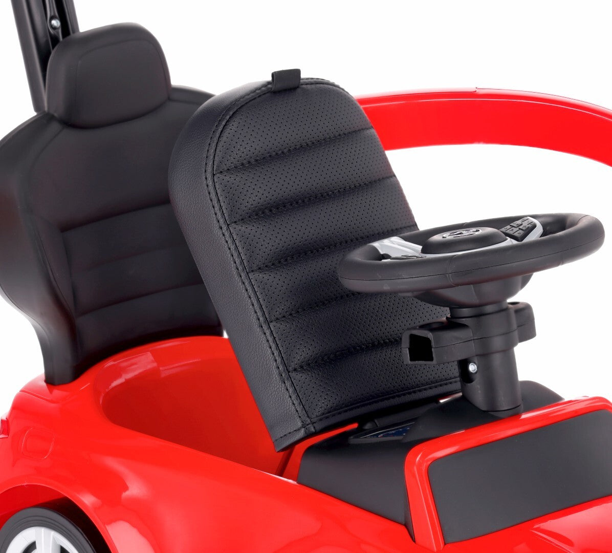 Sun Baby jeździk Mercedes C-Class z popychaczem, barierką i podnóżkami, koła PU, siedzisko ze skóry PU, czerwony