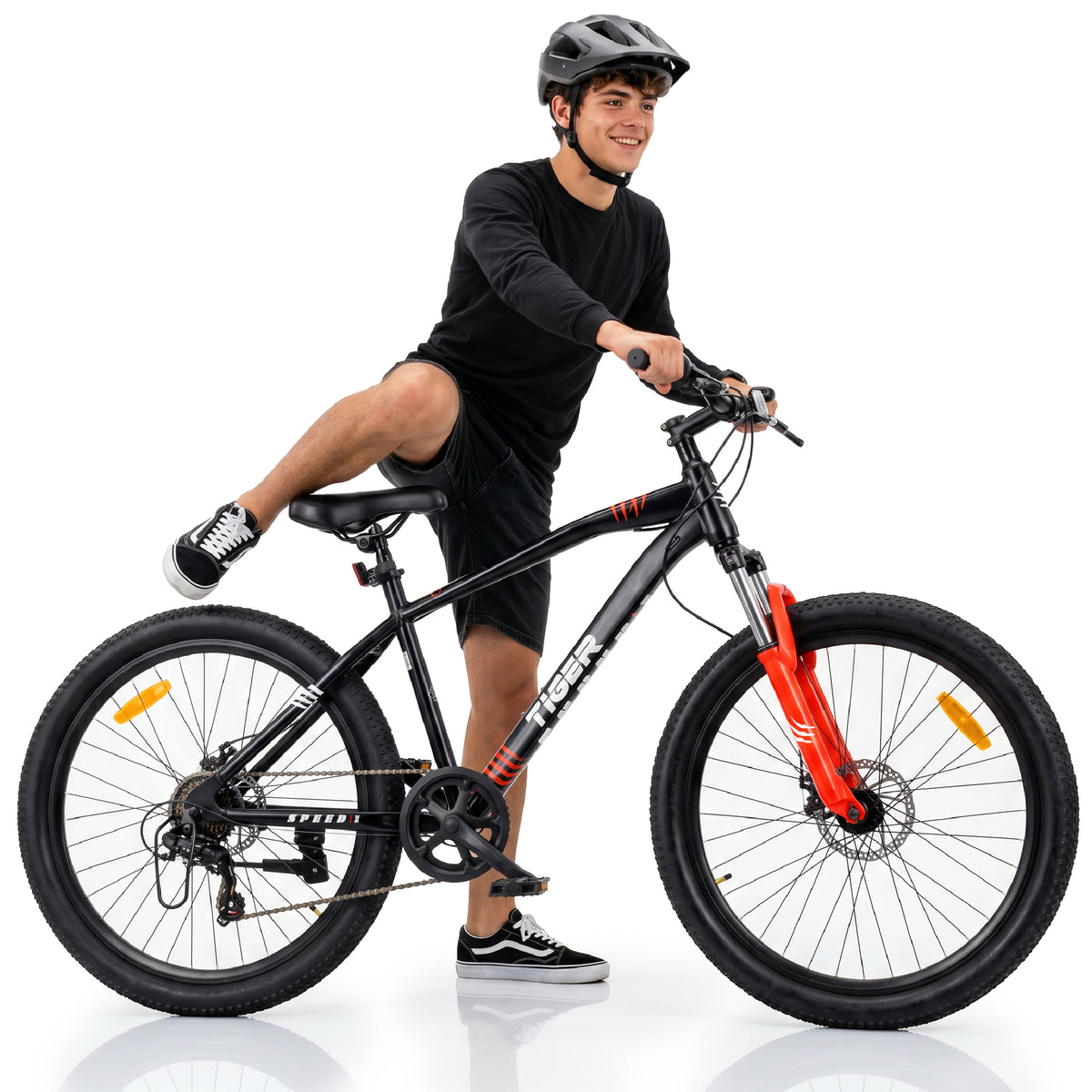 Rower górski MTB 26 cali Tiger Bike Shimano 7 biegów Amortyzator Szerokie opony Hamulce tarczowe Rower terenowy czarny-czerwony II gatunek