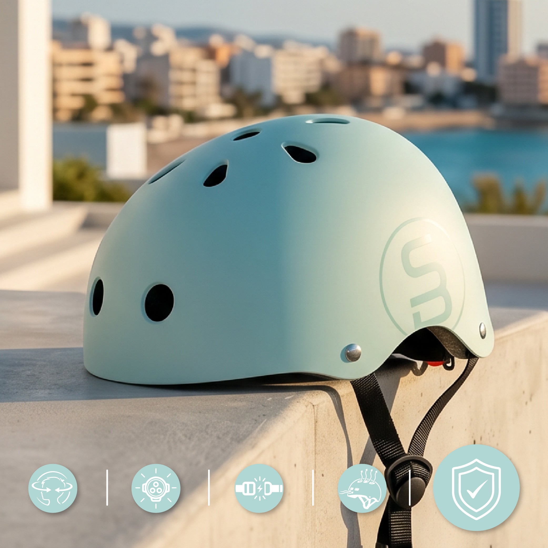 Sun Baby kask rowerowy dziecięcy Perfect Fit S 50-54 cm, LED 3 tryby, zapięcie magnetyczne, osłona podbródka, miętowy II gatunek