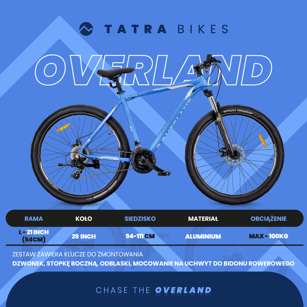 Rower górski MTB 29 cali KENDA Shimano Aluminium Lekki 21 biegów Amortyzator Hamulce tarczowe Rama L 21 cali Tatra Bikes Overland niebieski  matowy II gatunek