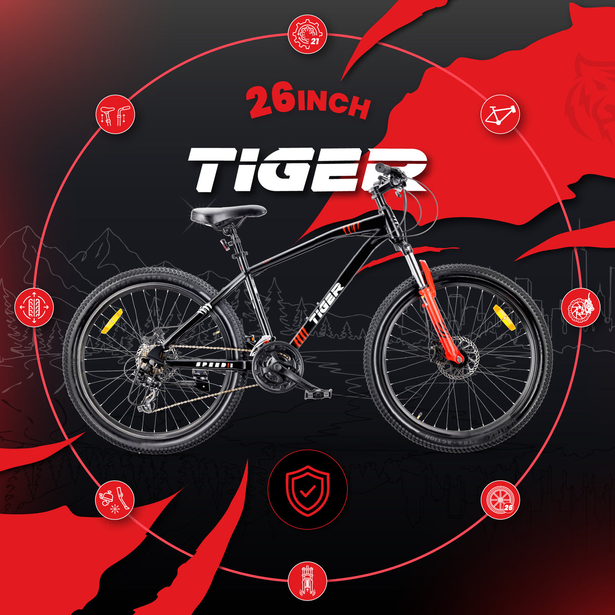 Rower dziecięcy Tiger Bike 26 cali, 21 biegów Shimano, amortyzator, hamulce tarczowe, czarno-czerwony II gatunek