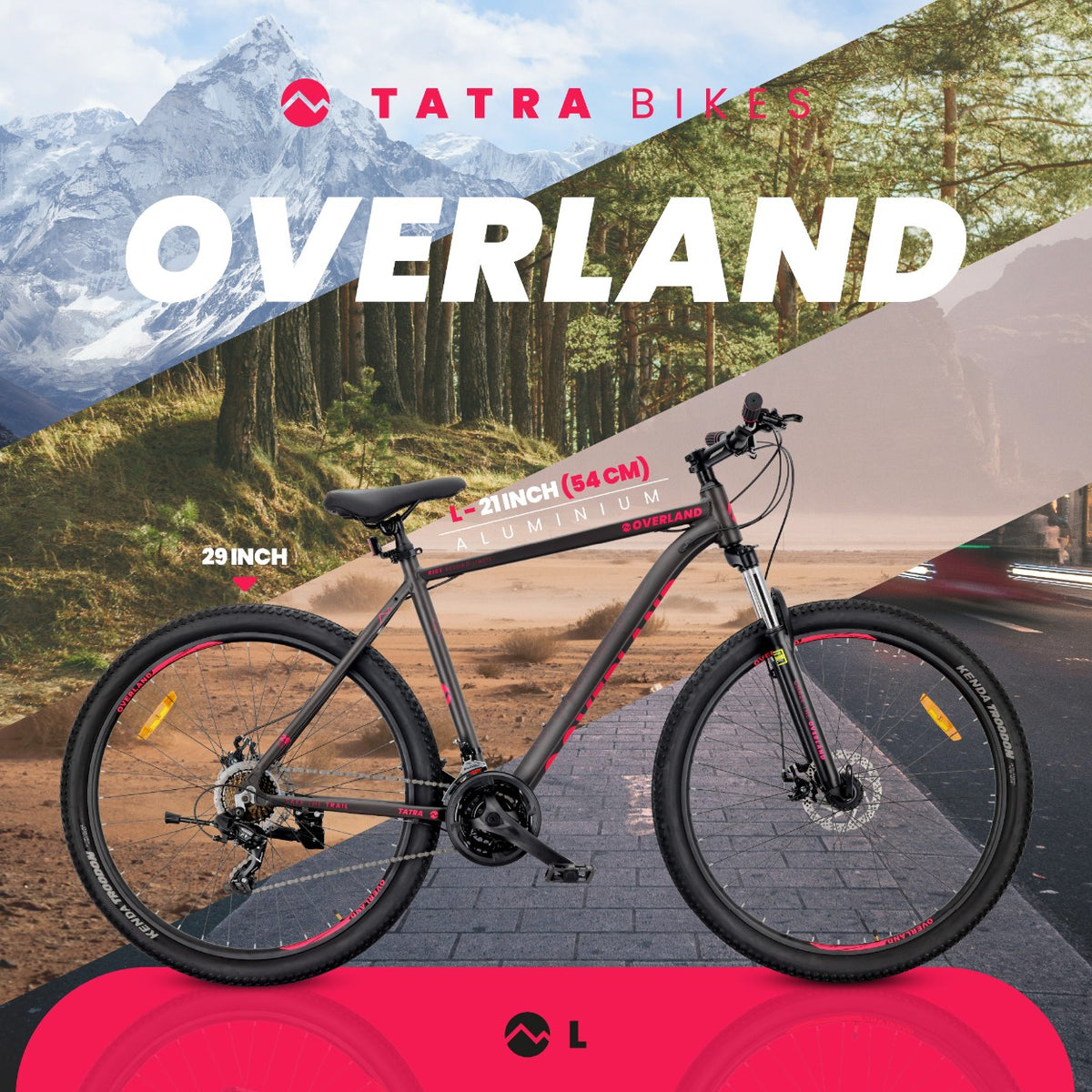Rower górski MTB 29 cali KENDA Shimano Aluminium Lekki 21 biegów Amortyzator Hamulce tarczowe Rama L 21 cali Tatra Bikes Overland czarny fuksja matowy II gatunek