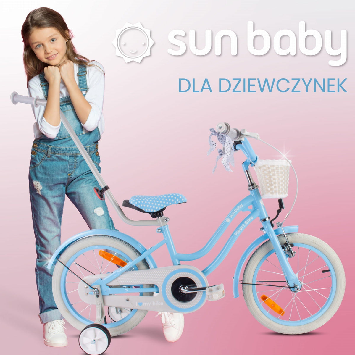 Rower dziecięcy 16 cali dla dziewczynki Pchacz Koszyk Kółka boczne 4-6 lat Silver Moon błękitny Sun Baby II gatunek