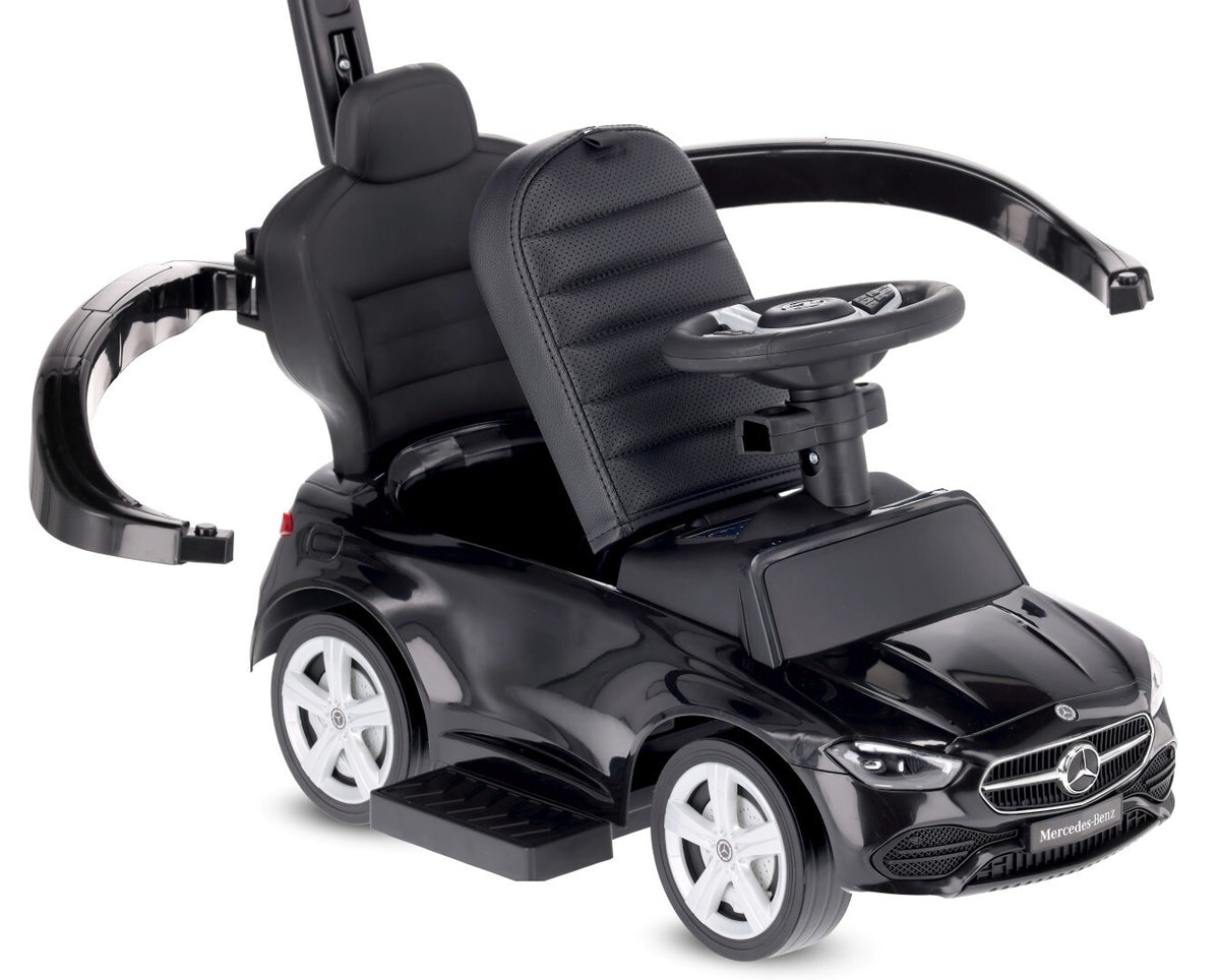 Sun Baby jeździk Mercedes C-Class z popychaczem, podnóżkiem i barierką, siedzisko ze skóry PU, czarny