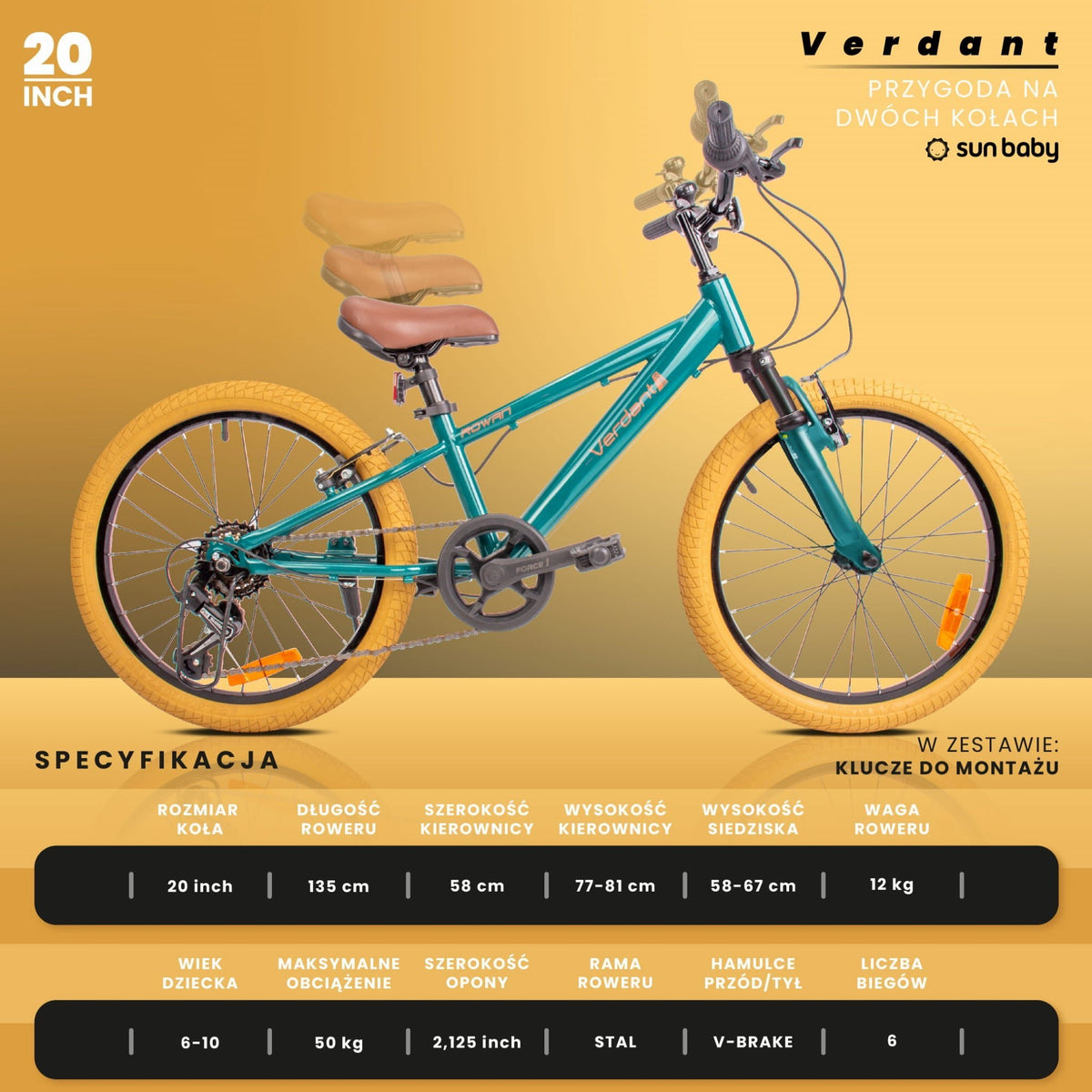 Rower 20 cali dziecięcy górski z amortyzatorem SHOX MTB Shimano 6 biegów Verdant Rowan 2 gatunek
