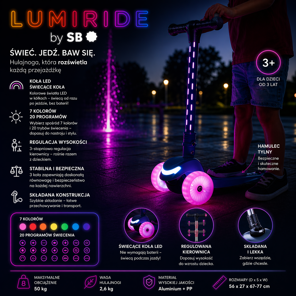LUMI RIDE Hulajnoga trójkołowa balansowa składana regulowana Koła tęcza LED 7 kolorów 20 programów czarny Sun Baby