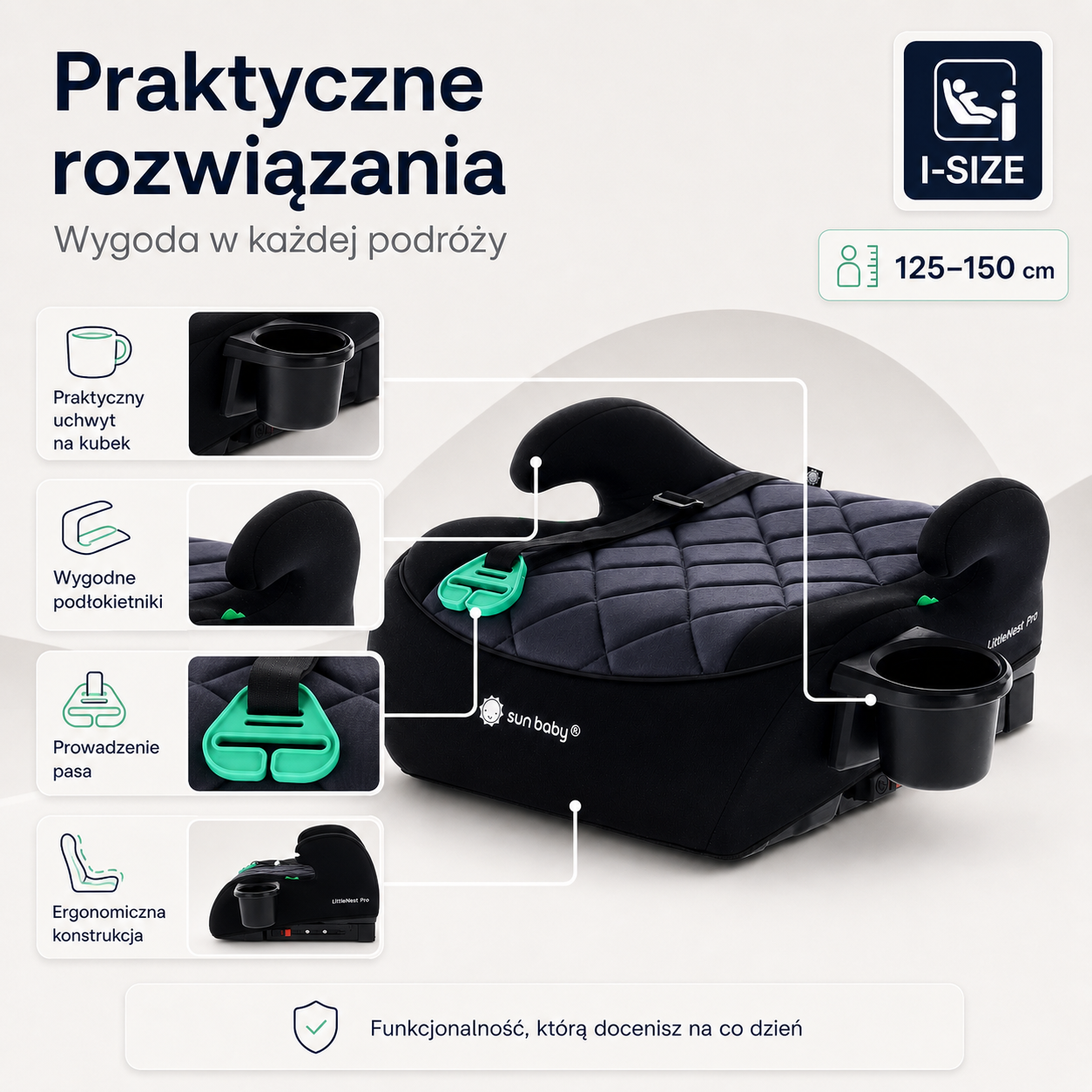 Podstawka samochodowa Fotelik Booster Siedzisko samochodowe ISOFIX I-SIZE 125-150 cm Uchwyt na kubek LittleNestPro czarny Sun Baby