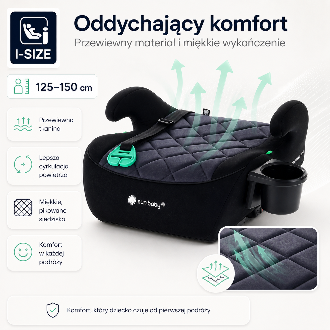 Podstawka samochodowa Fotelik Booster Siedzisko samochodowe ISOFIX I-SIZE 125-150 cm Uchwyt na kubek LittleNestPro czarny Sun Baby