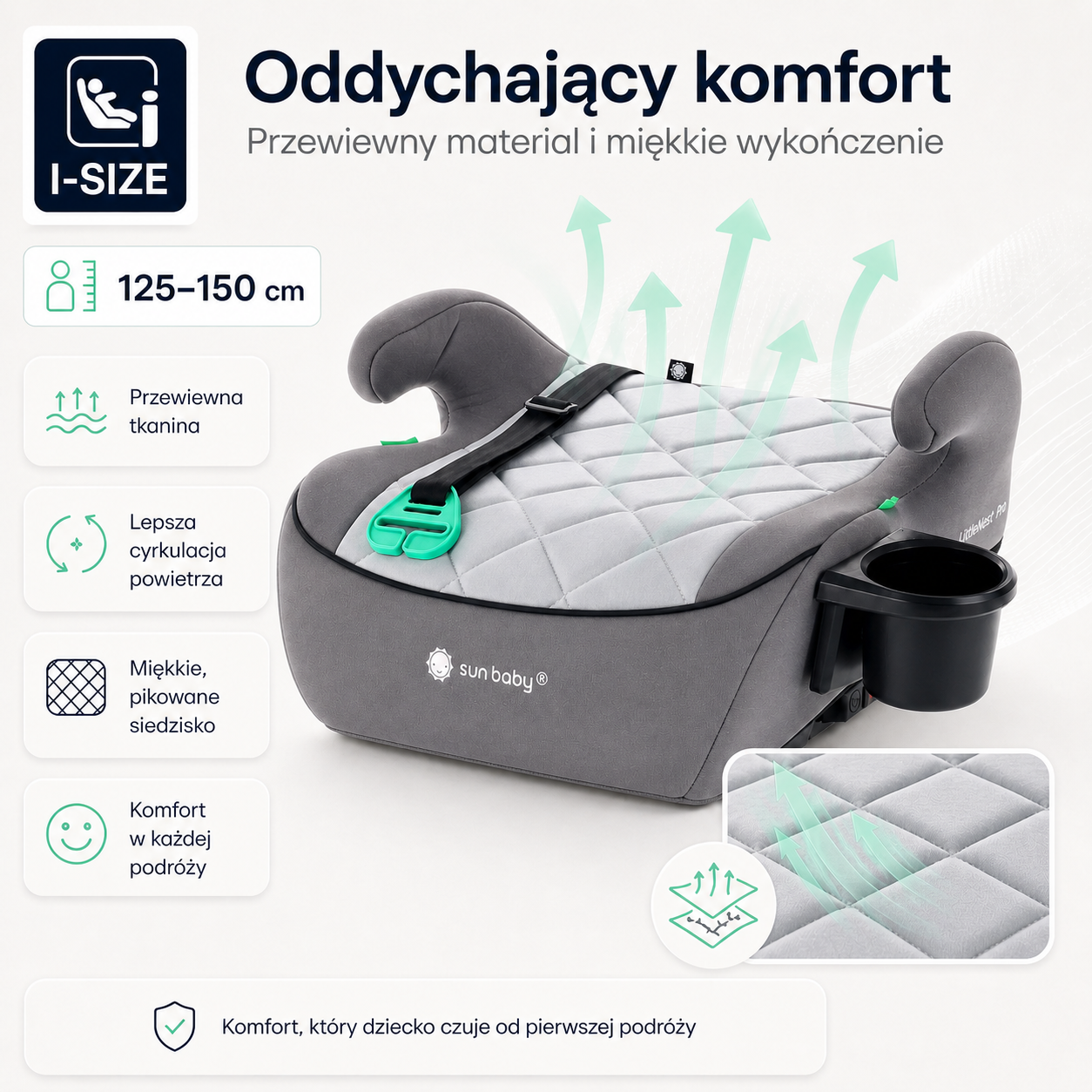 Podstawka samochodowa Fotelik Booster Siedzisko samochodowe ISOFIX I-SIZE 125-150 cm Uchwyt na kubek LittleNestPro szary Sun Baby