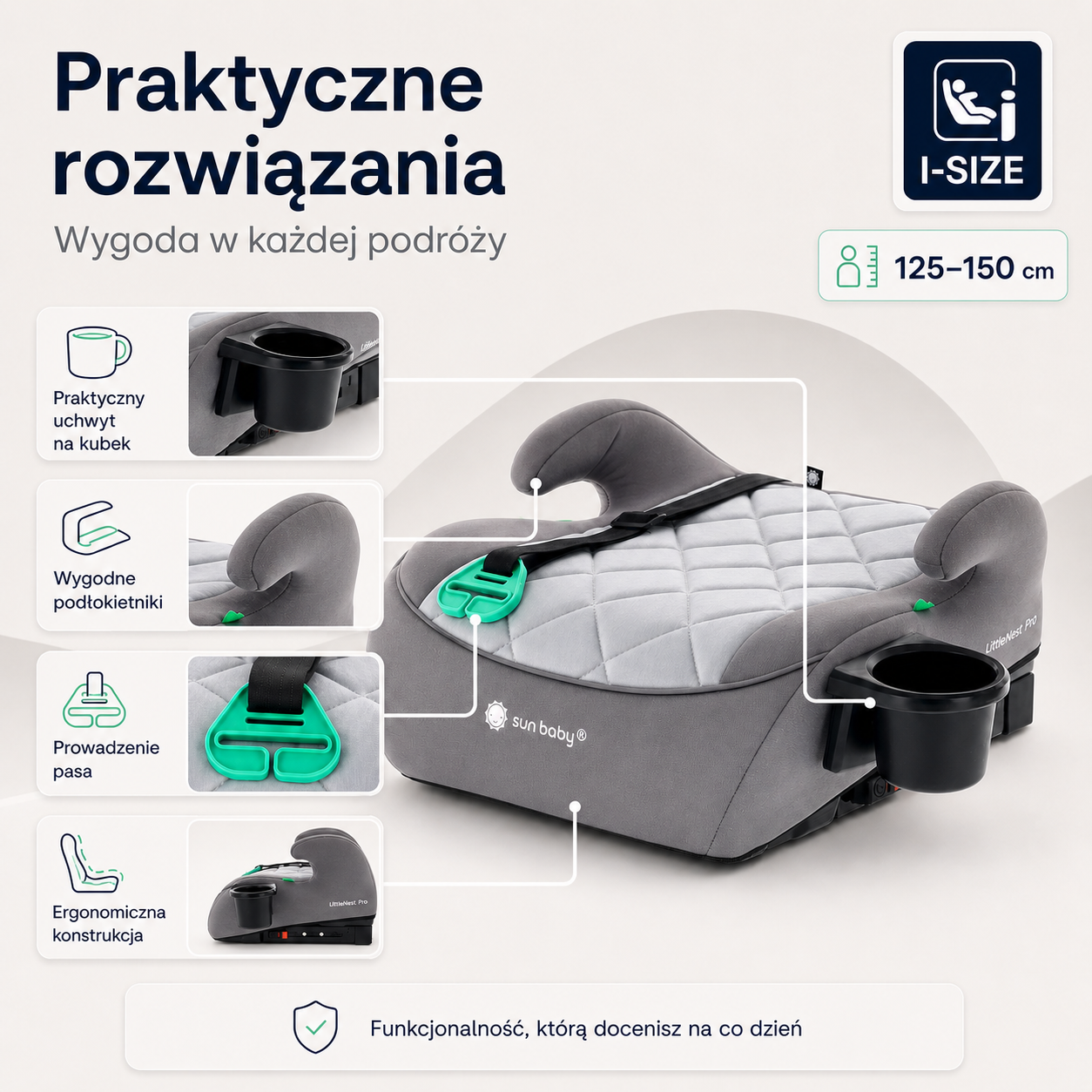 Podstawka samochodowa Fotelik Booster Siedzisko samochodowe ISOFIX I-SIZE 125-150 cm Uchwyt na kubek LittleNestPro szary Sun Baby