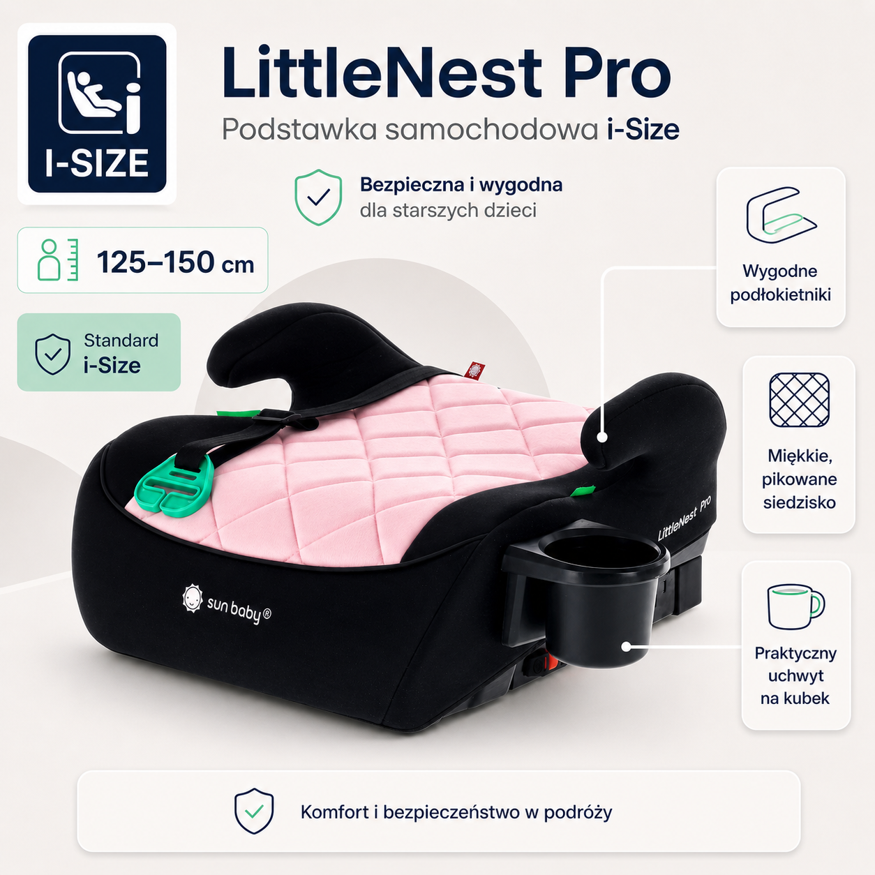 Fotelik samochodowy, Podstawka, poddupnik, Siedzisko samochodowe I-Size ISOFIX I-SIZE 125-150 cm Uchwyt na kubek LittleNestPro czarny różowy Sun Baby