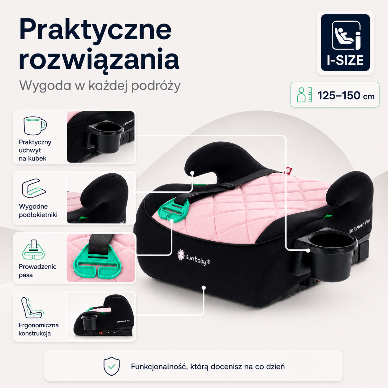 Fotelik samochodowy, Podstawka, poddupnik, Siedzisko samochodowe I-Size ISOFIX I-SIZE 125-150 cm Uchwyt na kubek LittleNestPro czarny różowy Sun Baby