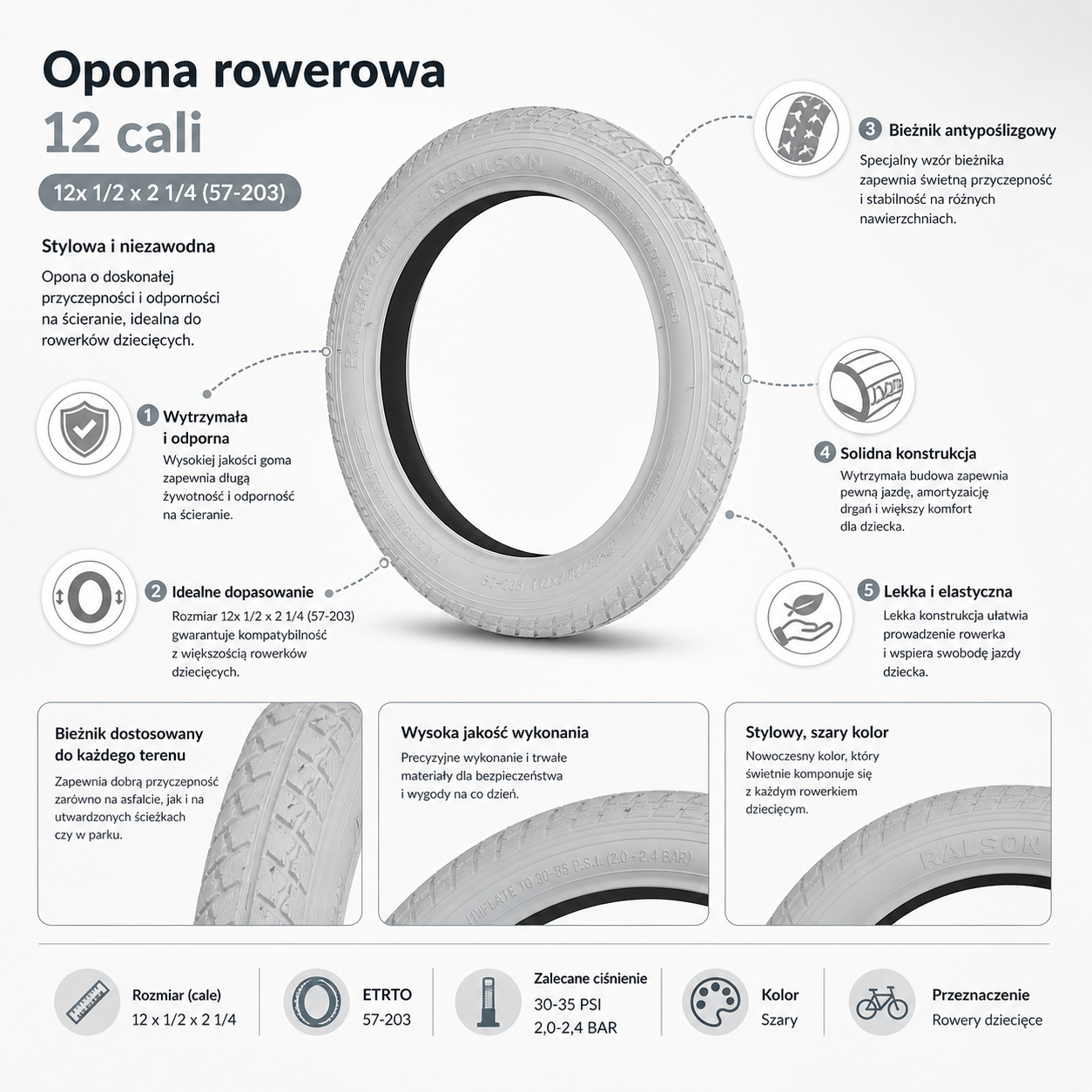 Opona rowerowa 12 cali 12x 1/2 x 2 1/4 57-203 szara