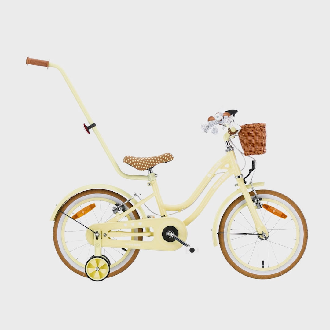 Rower dziecięcy 16 cali dla dziewczynki 4 5 6 lat Prowadnik Koszyk Kółka boczne Dzwonek Heart Bike Butter yellow
