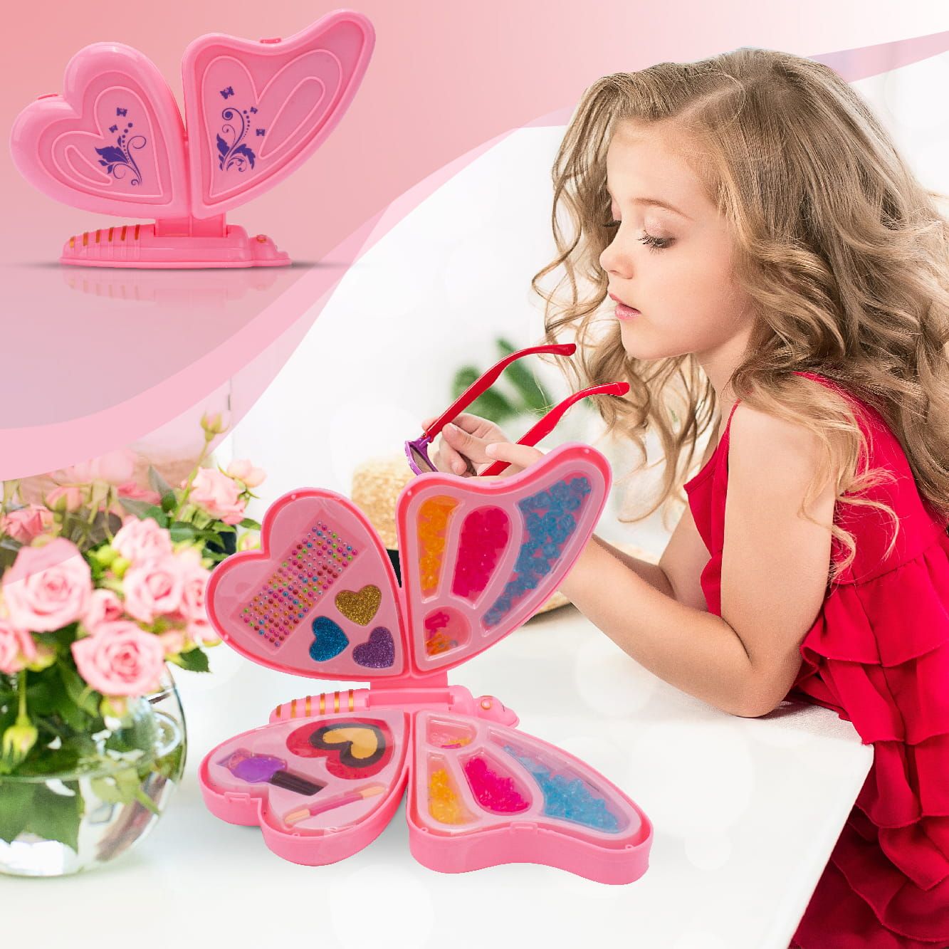 Zestaw do robienia bransoletek biżuterii makijażu koraliki kwiatki Makeup naklejki lakier Diy Motyl 2w1 Sun Baby