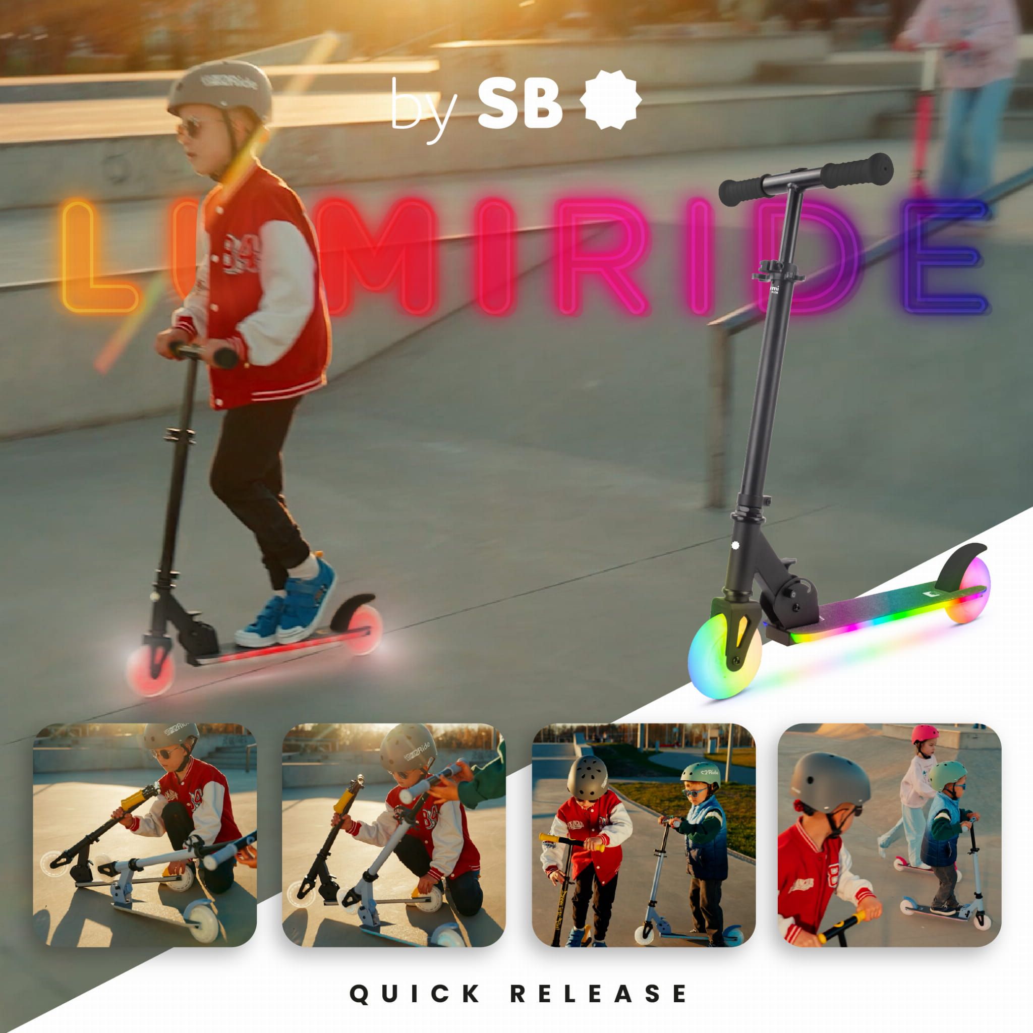 LUMI RIDE Hulajnoga dwukołowa dla dzieci składana regulowana LED 7 kolorów 20 programów czarny Sun Baby