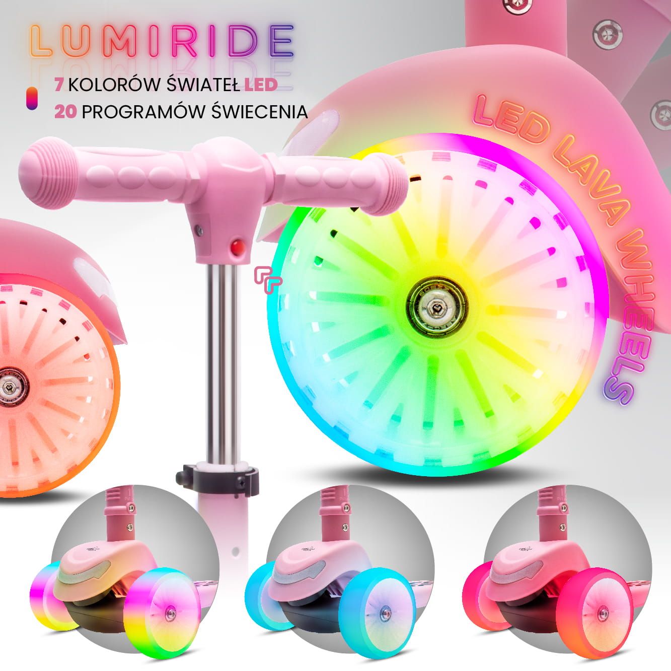 Hulajnoga trójkołowa balansowa składana regulowana Koła tęcza Lumi Ride LED 7 kolorów 20 programów różowy Sun Baby