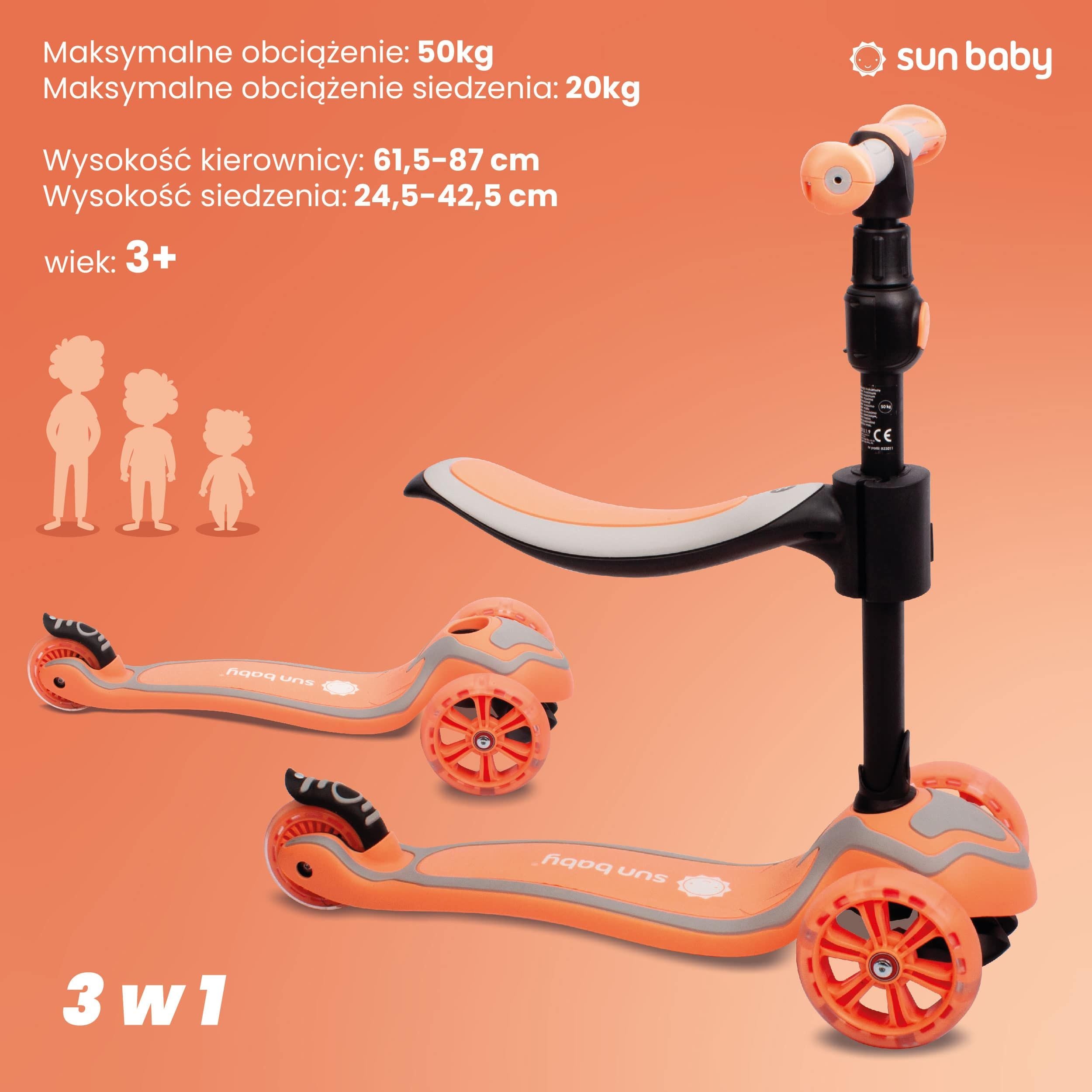 Hulajnoga dla dzieci trójkołowa balansowa Flash 3w1 LED brzoskwiniowa