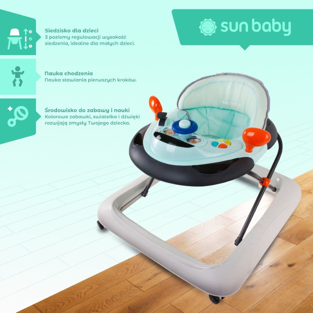 Chodzik dla dzieci interaktywny do nauki chodzenia regulacja wysokości kierownica stopery turkusowo szary