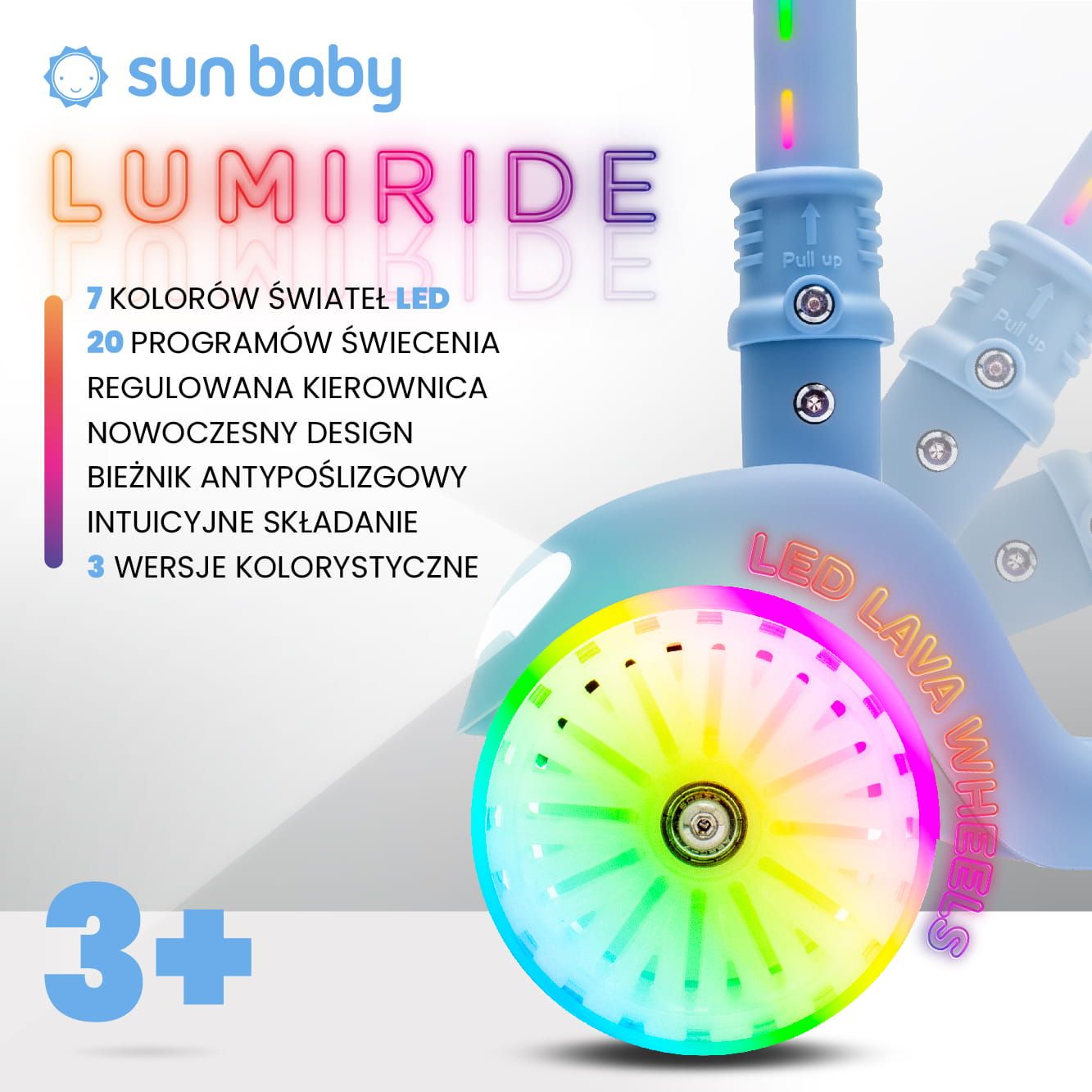 Hulajnoga trójkołowa balansowa składana regulowana Koła tęcza Lumi Ride LED 7 kolorów 20 programów niebieski Sun Baby