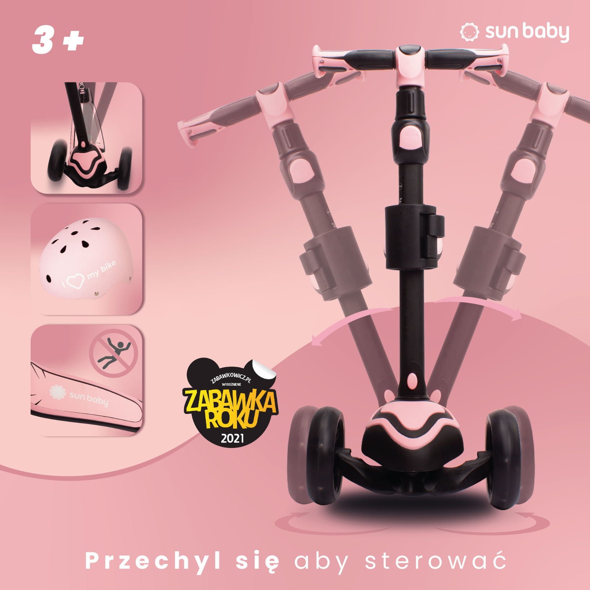Hulajnoga dla dzieci trójkołowa balansowa Flash 3w1 LED dla dzieci - pudrowy róż