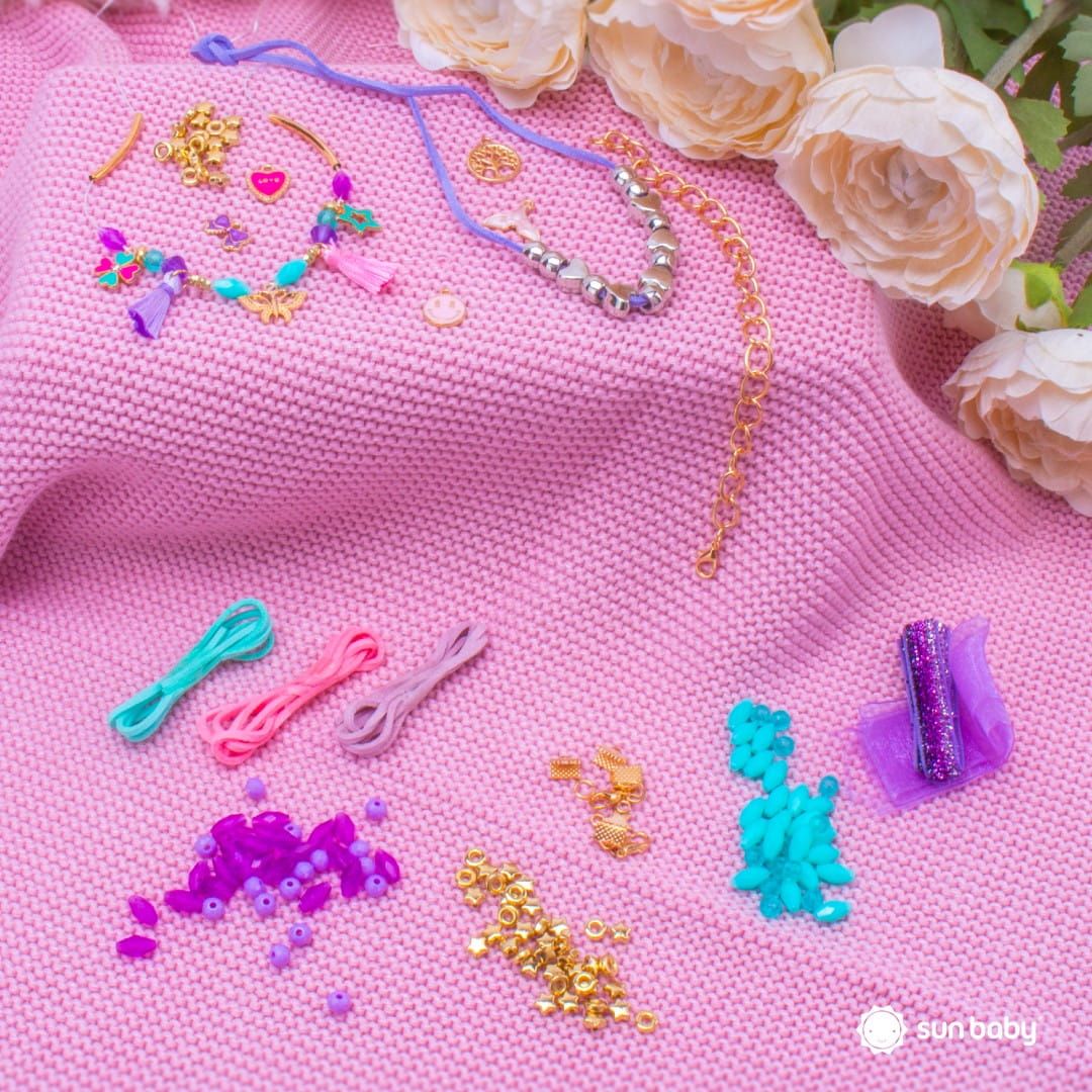 Zestaw do robienia bransoletek biżuterii zawieszki koraliki bransoletki wstążka 210 el Sun Baby