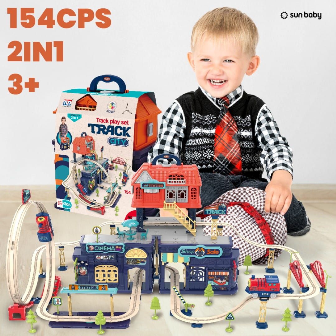Kolejka elektryczna dla dzieci 2w1 składana w walizce 154 el Tory kolejowe Pociąg Lokomotywa Kolejka Naklejki Zestaw Sun Baby