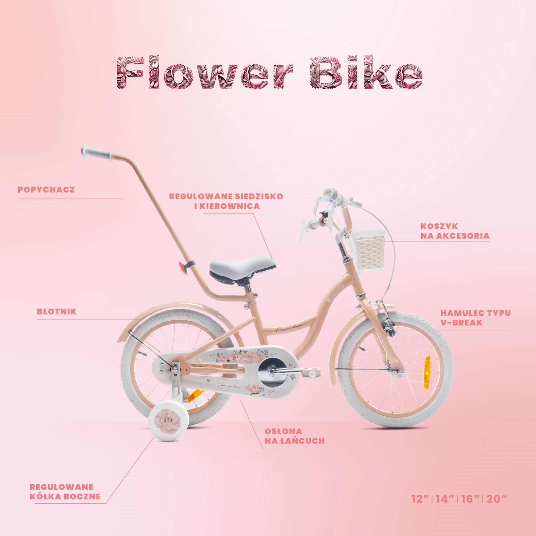 Rower dla dziewczynki 16 cali Pchacz kółka boczne Flower bike morelowy