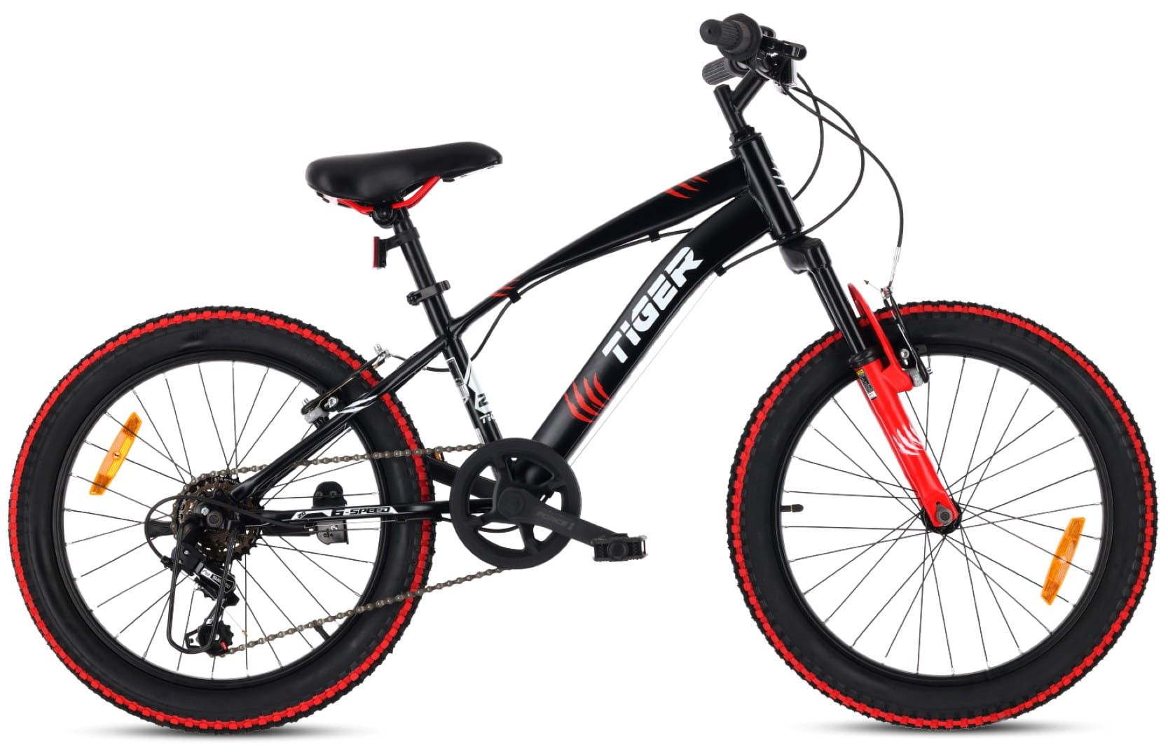 Rower dla chłopca 20 cali 6 biegów Shimano amortyzator szerokie opony Revoshift Tiger Bike czarny czerwony