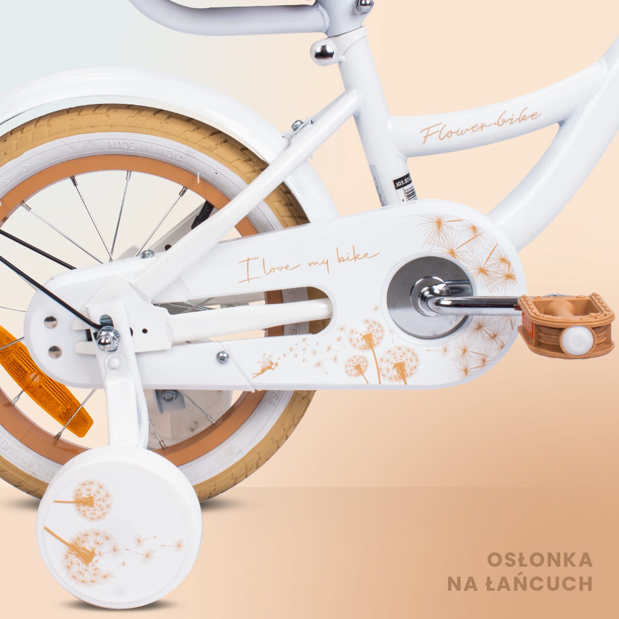 Rower dla dziewczynki 14 cali Pchacz Kółka boczne Koszyk Flower bike Dmuchawiec biało beżowy Sun Baby